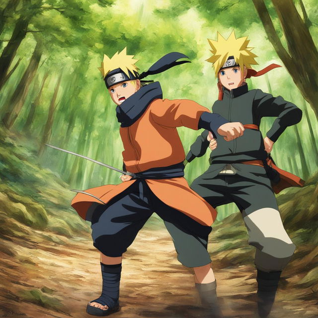 Enhance the resolution of the manga-style Naruto forest fight scene, making it high-definition while preserving all the existing elements