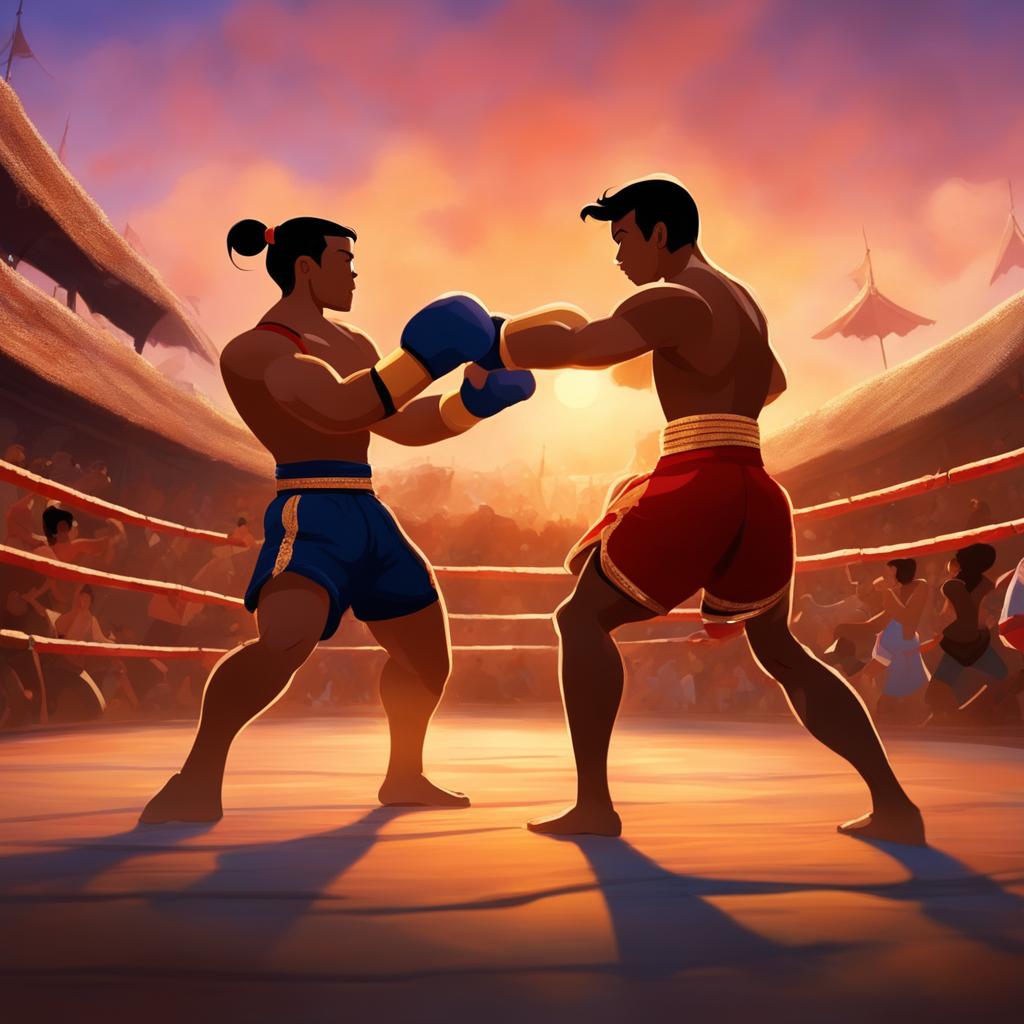 A vibrant Disney-style depiction of a Muay Thai fight in an open-air arena during sunset