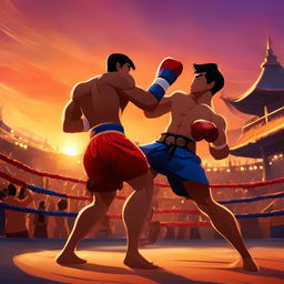 A vibrant Disney-style depiction of a Muay Thai fight in an open-air arena during sunset