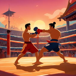 A vibrant Disney-style depiction of a Muay Thai fight in an open-air arena during sunset