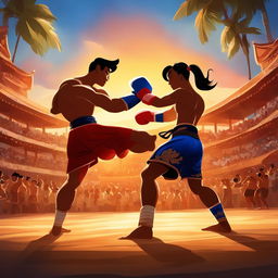 A vibrant Disney-style depiction of a Muay Thai fight in an open-air arena during sunset