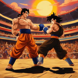 A Dragonball Z-style depiction of a Muay Thai fight in an open-air arena during sunset