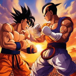 A Dragonball Z-style depiction of a Muay Thai fight in an open-air arena during sunset