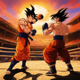 A Dragonball Z-style depiction of a Muay Thai fight in an open-air arena during sunset