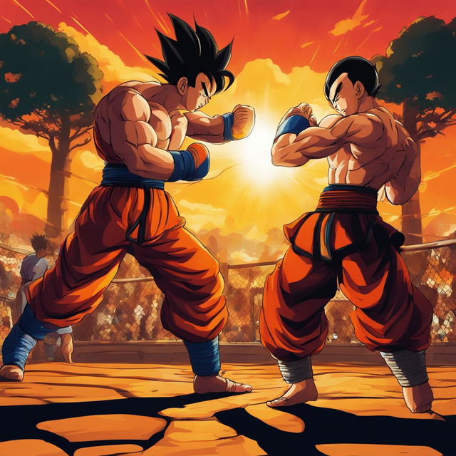 A Dragonball Z-style depiction of a Muay Thai fight in an open-air arena during sunset