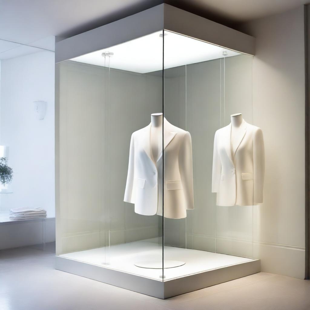 A chic, shallow display window of a clothing store, encased in clear glass, bathing in exquisite white light.