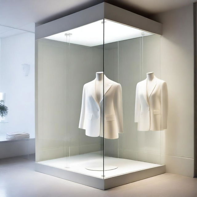 A chic, shallow display window of a clothing store, encased in clear glass, bathing in exquisite white light.