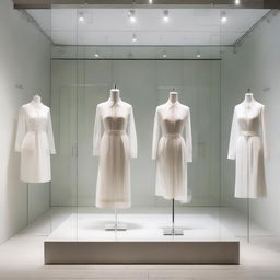 A chic, shallow display window of a clothing store, encased in clear glass, bathing in exquisite white light.