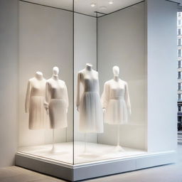 A chic, shallow display window of a clothing store, encased in clear glass, bathing in exquisite white light.