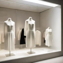 A chic, shallow display window of a clothing store, encased in clear glass, bathing in exquisite white light.