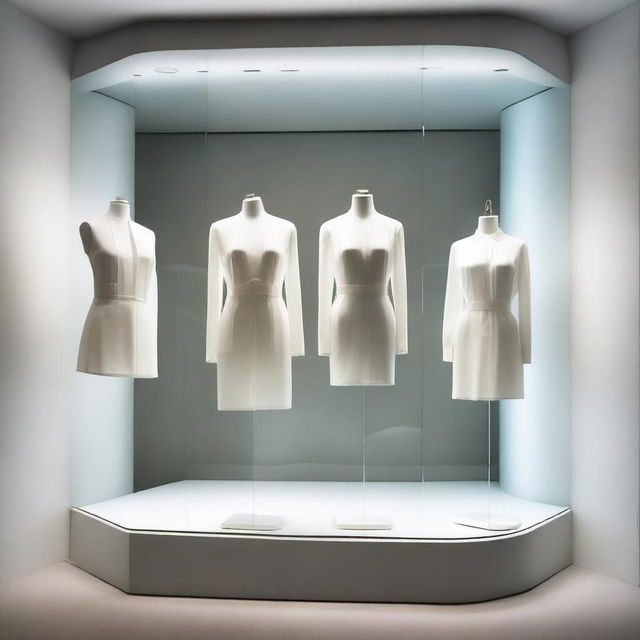 A sophisticated, shallow clothing store display window, absent of mannequins, enveloped in glass, and glowing with pristine white light