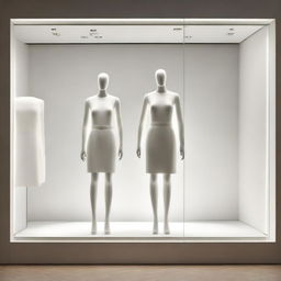 A sophisticated, shallow clothing store display window, absent of mannequins, enveloped in glass, and glowing with pristine white light