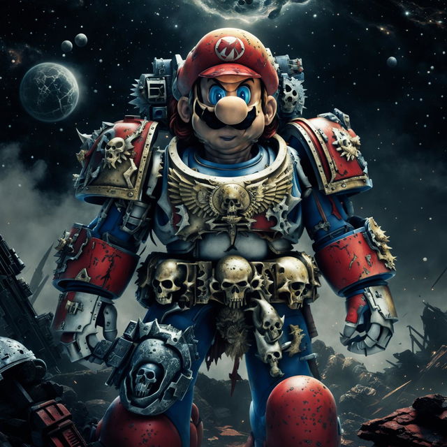 Super Mario reimagined as a Warhammer 40k Space Marine in vibrant armor, holding the skull of an alien enemy against a war-torn starry backdrop