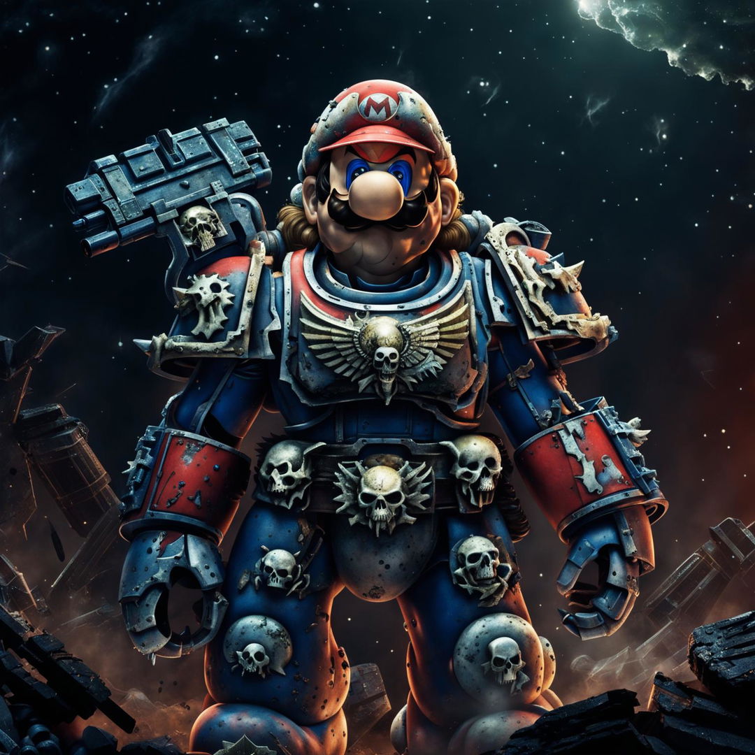 Super Mario reimagined as a Warhammer 40k Space Marine in vibrant armor, firmly clutching the skull of an alien enemy against a war-torn starry backdrop