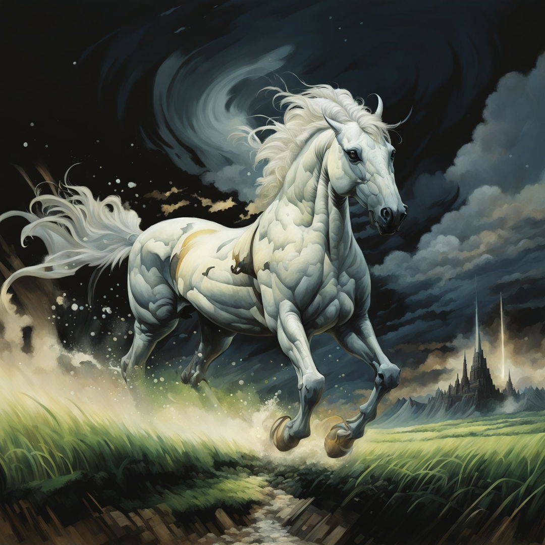 Digital art of Shadowfax galloping towards Mordor under a stormy sky.