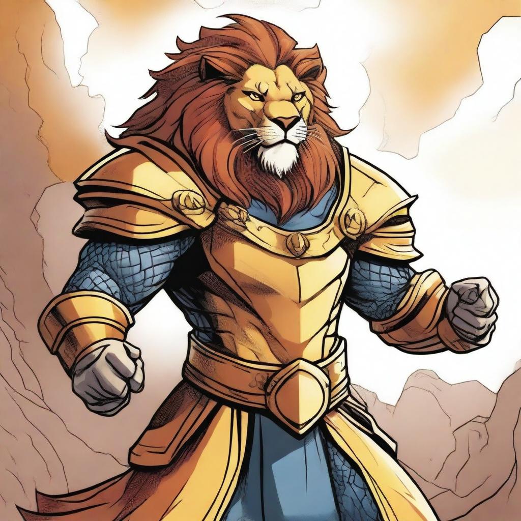 A Marvel comic book style illustration of a dignified lion paladin from Dungeons and Dragons