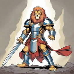 A Marvel comic book style illustration of a dignified lion paladin from Dungeons and Dragons