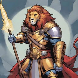 A Marvel comic book style illustration of a dignified lion paladin from Dungeons and Dragons