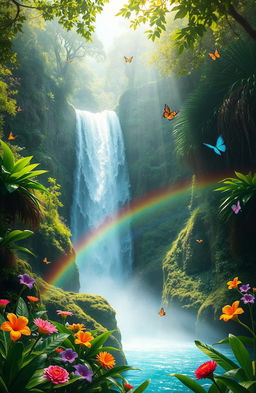 A serene landscape featuring a mystical waterfall cascading down lush green cliffs, surrounded by vibrant tropical flowers