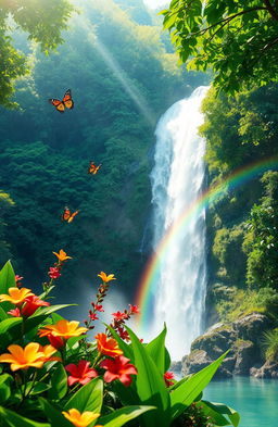 A serene landscape featuring a mystical waterfall cascading down lush green cliffs, surrounded by vibrant tropical flowers