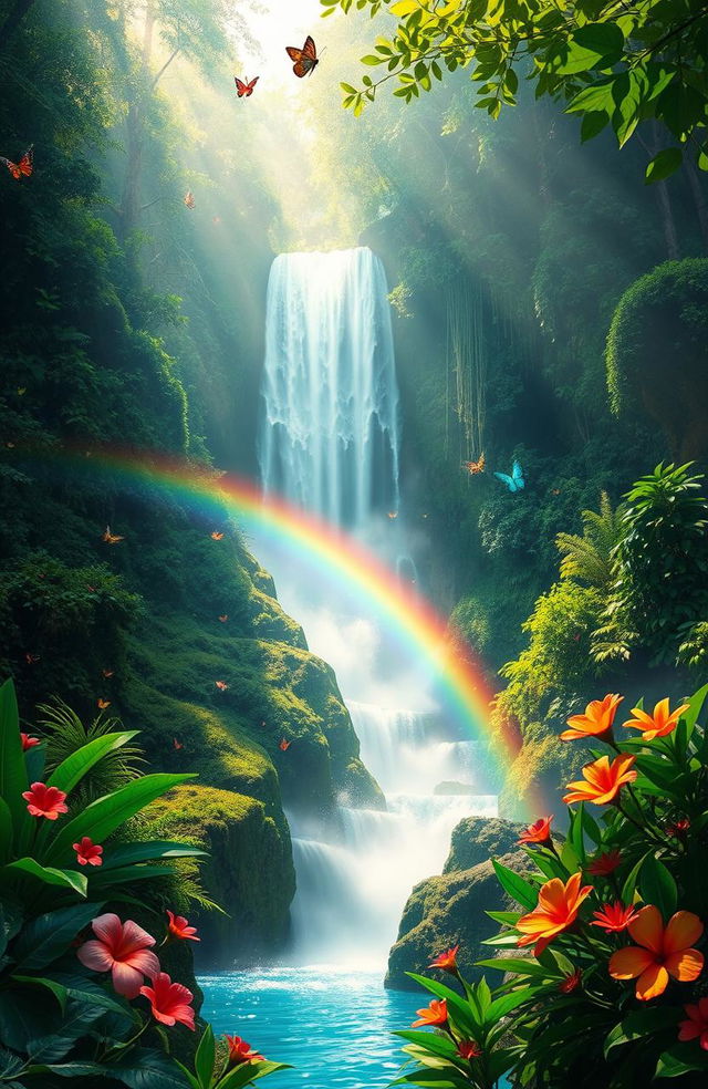 A serene landscape featuring a mystical waterfall cascading down lush green cliffs, surrounded by vibrant tropical flowers