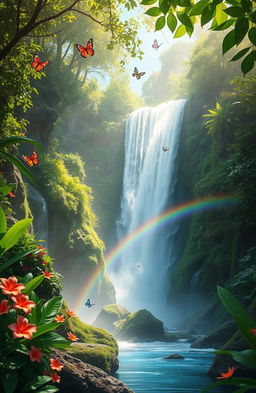 A serene landscape featuring a mystical waterfall cascading down lush green cliffs, surrounded by vibrant tropical flowers