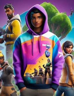 32k HD product photo of a vibrant Fortnite hoodie featuring game scenes and characters.