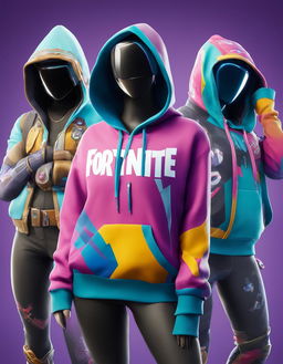 32k HD product photo of a vibrant Fortnite hoodie featuring game scenes and characters.