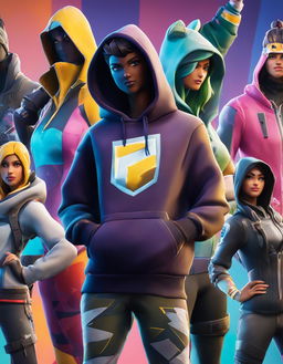 32k HD product photo of a vibrant Fortnite hoodie featuring game scenes and characters.