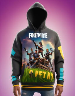 32k HD product photo of a vibrant Fortnite hoodie featuring game scenes and characters.