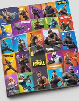 32k HD product photo of a Fortnite sticker book, filled with vibrant game-inspired stickers.