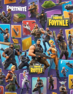 32k HD product photo of a Fortnite sticker book, filled with vibrant game-inspired stickers.