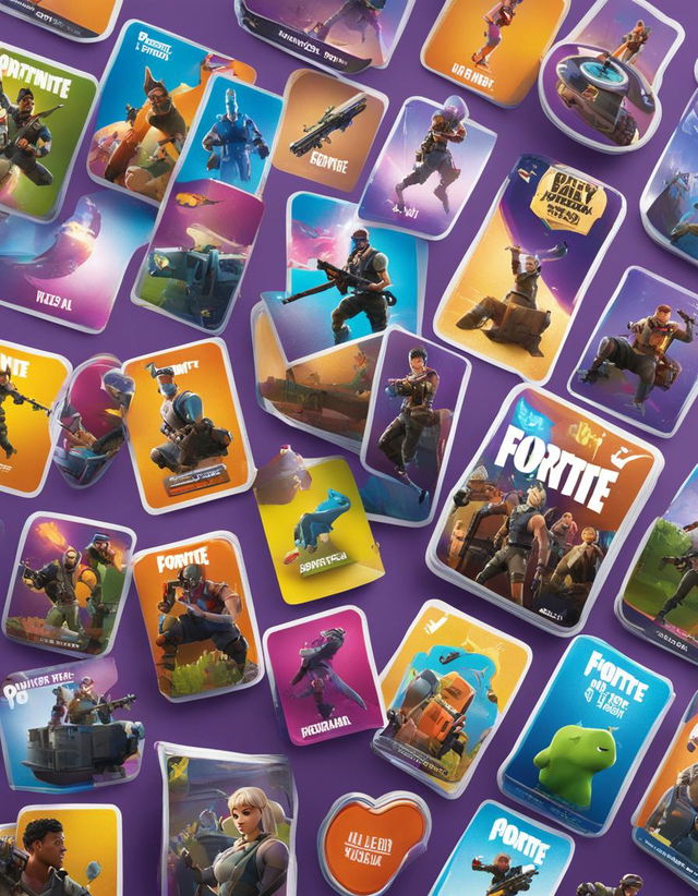 32k HD product photo of a Fortnite sticker book, filled with vibrant game-inspired stickers.