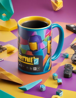 32k HD product photo of a Fortnite-themed mug with vibrant game-inspired designs.