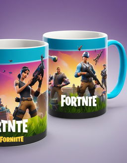 32k HD product photo of a Fortnite-themed mug with vibrant game-inspired designs.