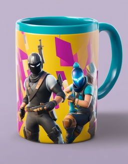 32k HD product photo of a Fortnite-themed mug with vibrant game-inspired designs.