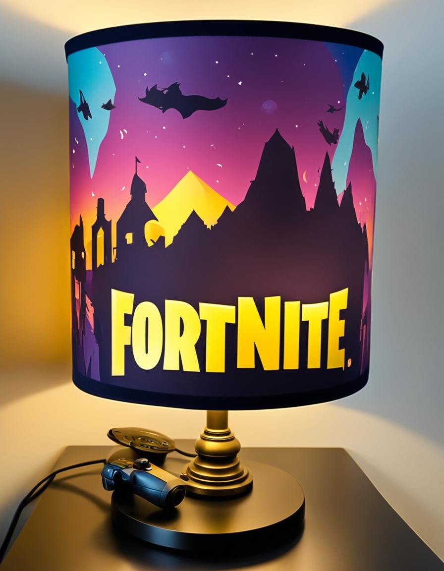 32k HD product photo of a Fortnite-themed lamp shade with vibrant game-inspired designs.