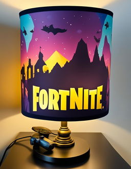 32k HD product photo of a Fortnite-themed lamp shade with vibrant game-inspired designs.