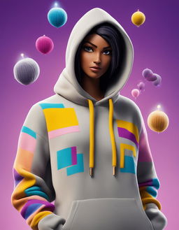 32k HD editorial photo of a luxurious Fortnite-themed cashmere hoodie with game-inspired designs.