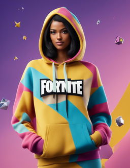 32k HD editorial photo of a luxurious Fortnite-themed cashmere hoodie with game-inspired designs.