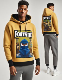 32k HD editorial photo of a luxurious Fortnite-themed cashmere hoodie with game-inspired designs.