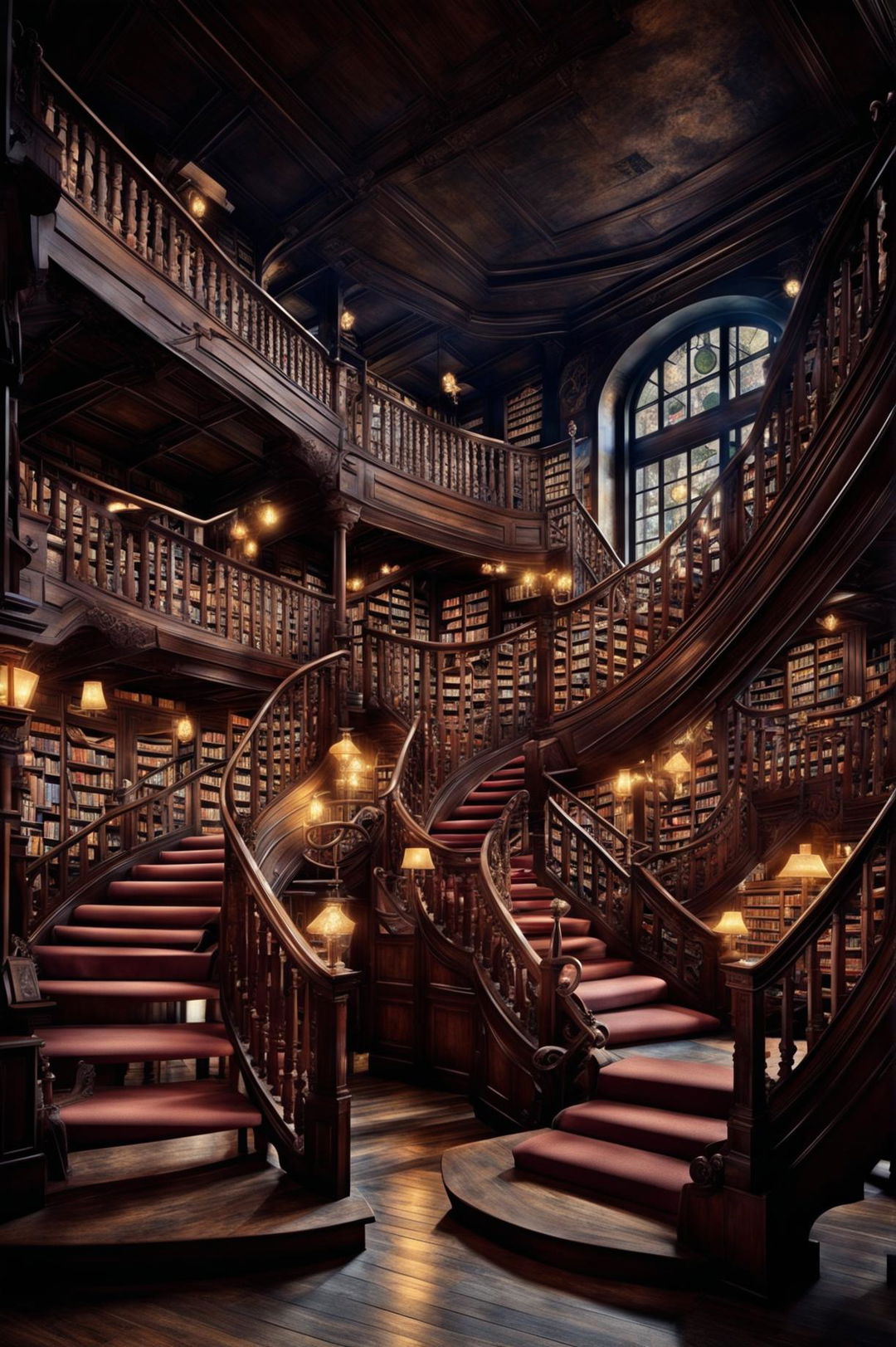 Digital art of an old-world library with spiraling wrought-iron staircases, towering mahogany bookcases filled with colorful books, and vintage table lamps casting a warm glow