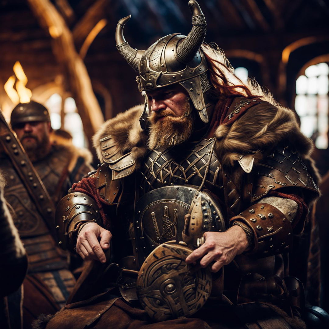 A Viking warrior playing djent chugs on an 8-string guitar in a Norse mead hall.