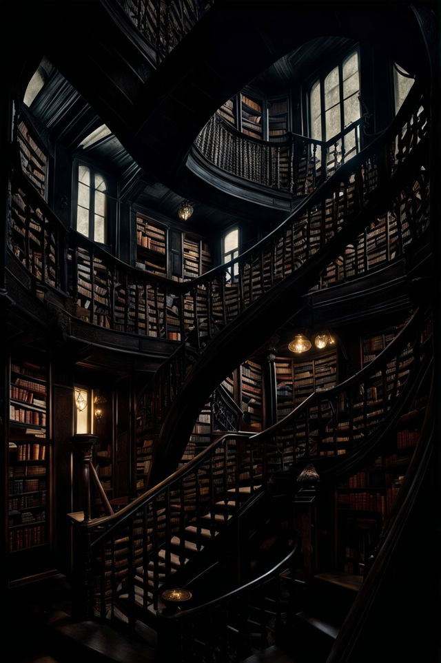 Cinematic photography of a dark academia themed old-world library with spiraling staircases, towering mahogany bookcases filled with books, and dimly lit vintage table lamps