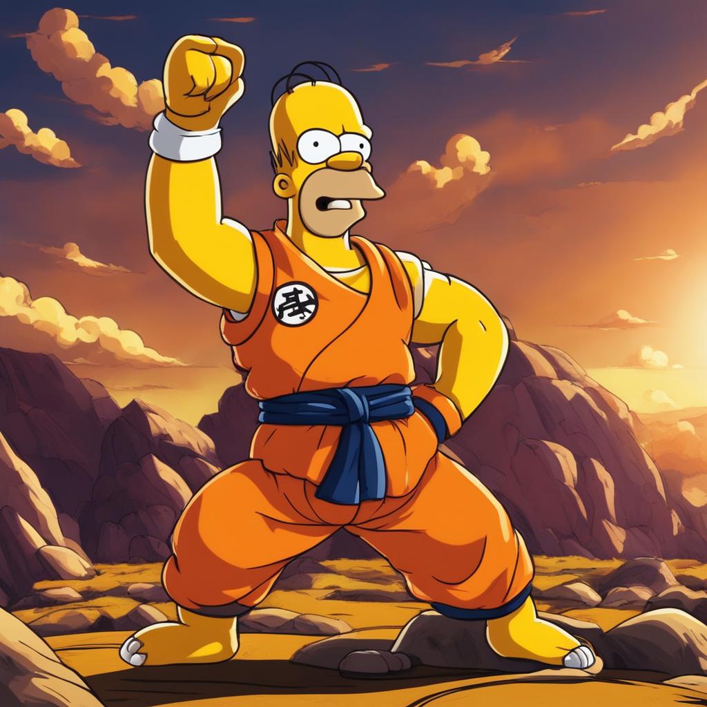 Homer Simpson in Dragonball style, wearing an orange gi and striking a powerful pose against a backdrop of intense battle.