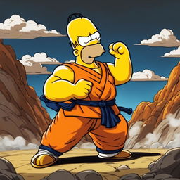 Homer Simpson in Dragonball style, wearing an orange gi and striking a powerful pose against a backdrop of intense battle.