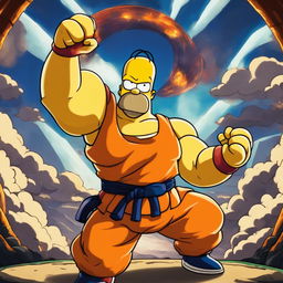 Homer Simpson in Dragonball style, wearing an orange gi and striking a powerful pose against a backdrop of intense battle.