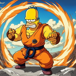 Homer Simpson in Dragonball style, wearing an orange gi and striking a powerful pose against a backdrop of intense battle.