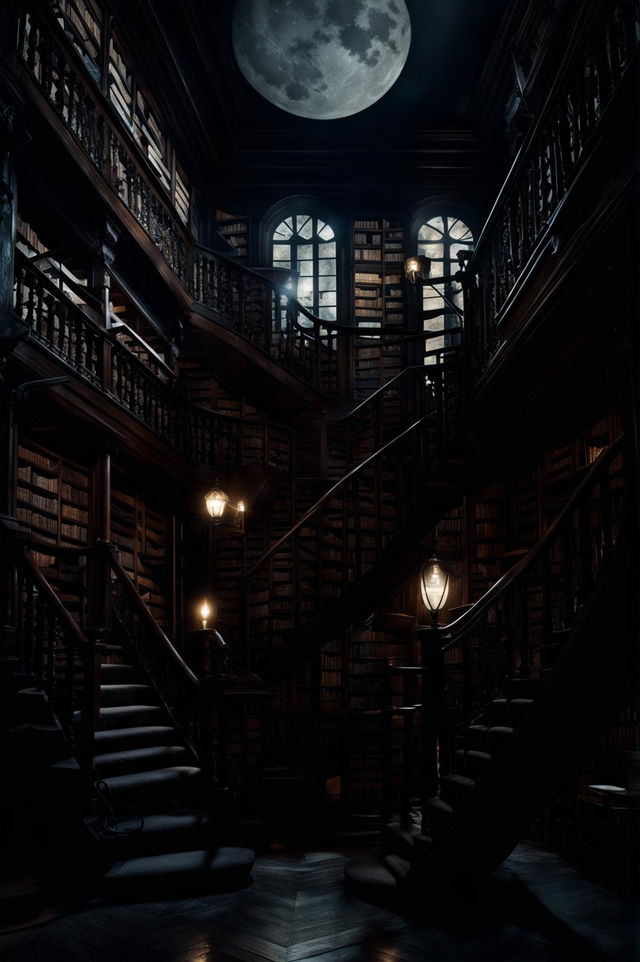 Cinematic photography of a dark academia themed old-world library under moonlight, with spiraling staircases, towering mahogany bookcases filled with books, and dimly lit vintage table lamps