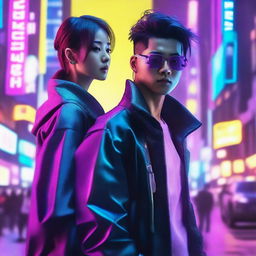 A strikingly handsome young man and his extremely pretty Korean girlfriend in a vibrant and futuristic cyberpunk setting.